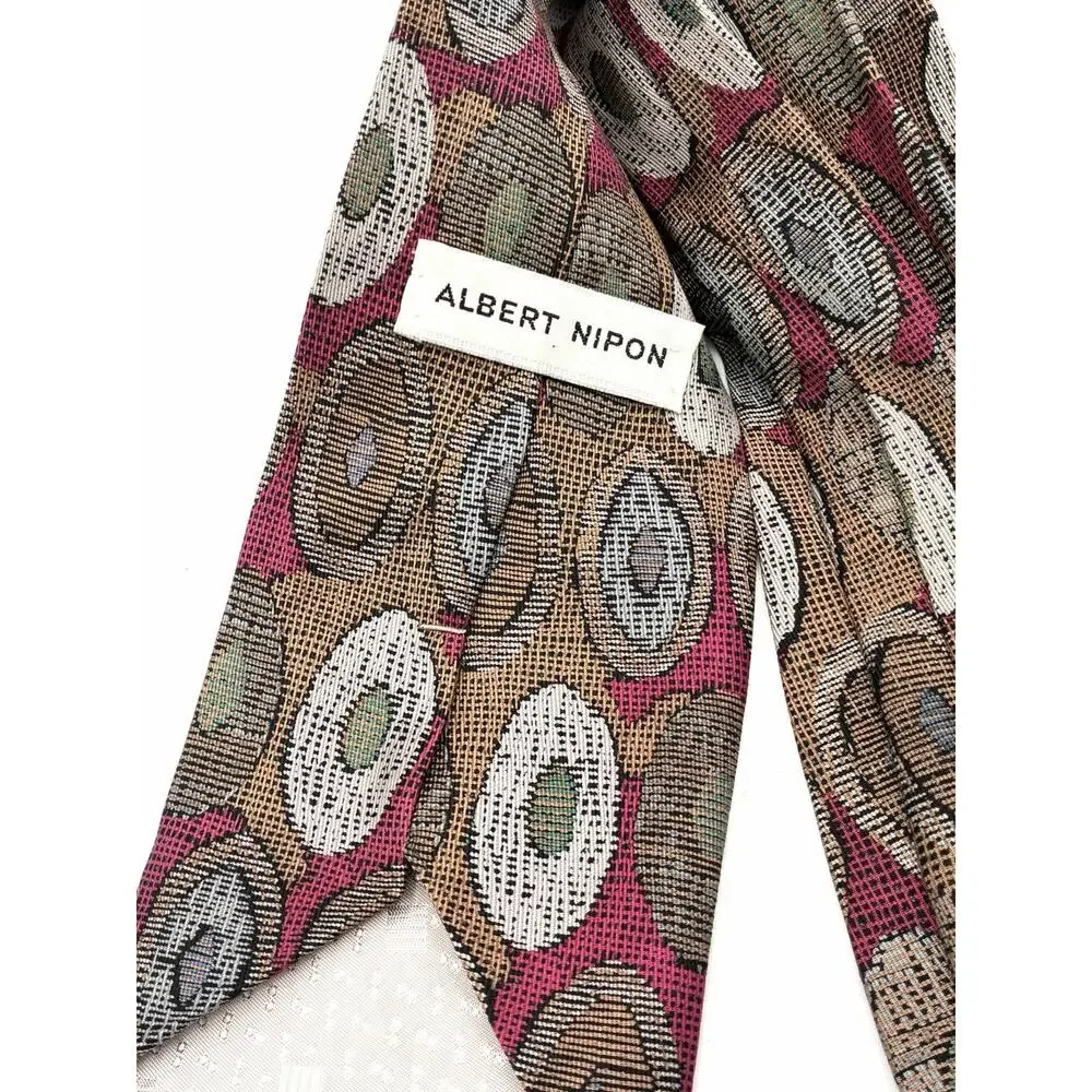 Vintage Albert Nipon Silk Necktie Abstract Oval Geometric Pink Brown Tie